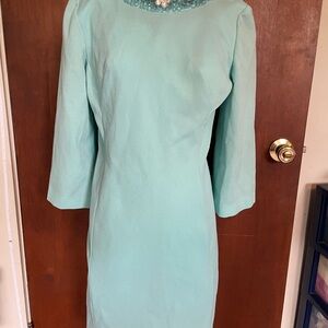 Elegant Aqua Dress with Beaded Neckline